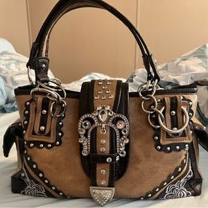 Premium Rhinestone Buckle Embroidered Shoulder Handbag Purse. 15”w 8”h 1…